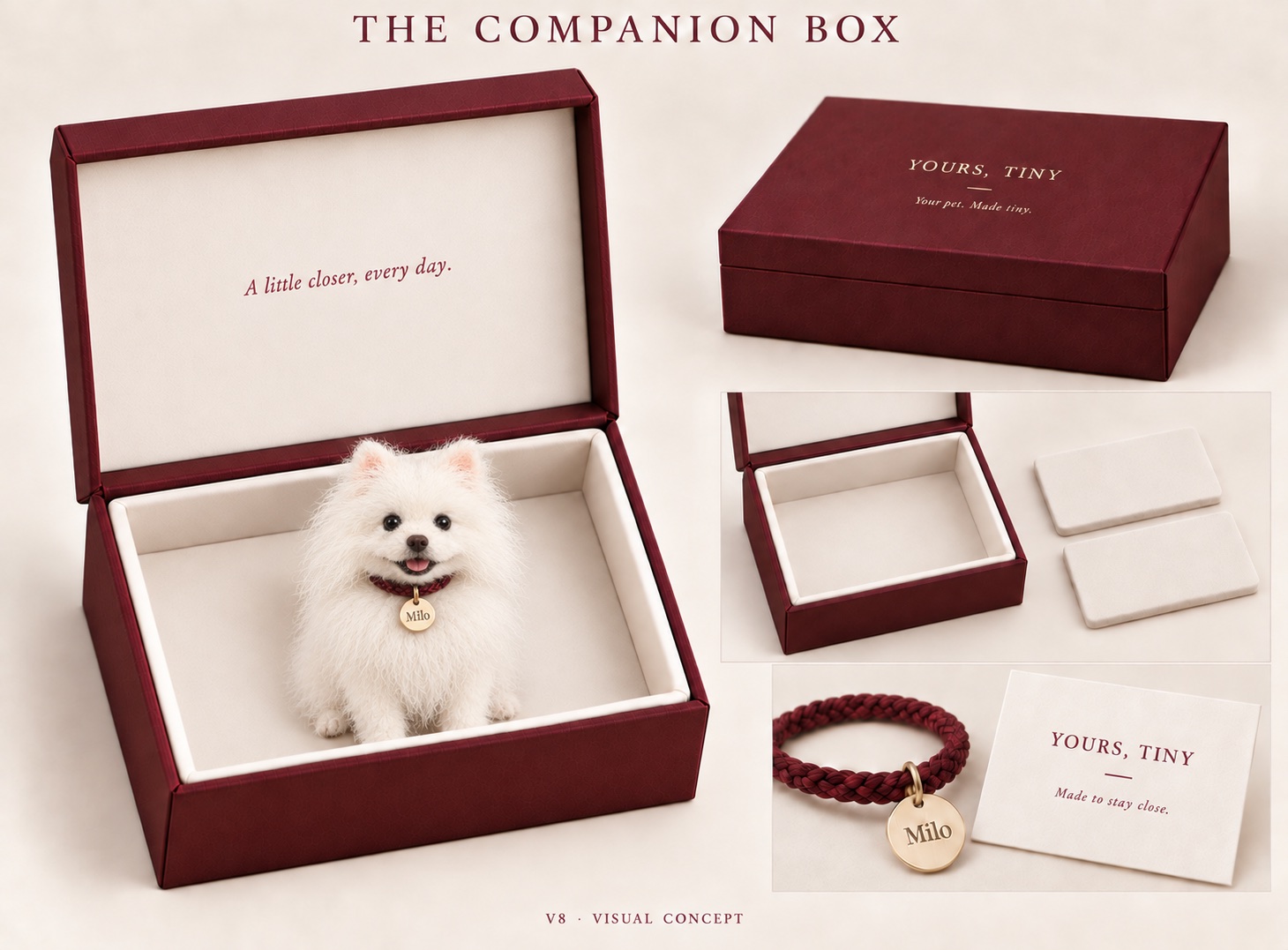 Design concept of the burgundy Companion Box with a miniature, collar, name tag and care card
