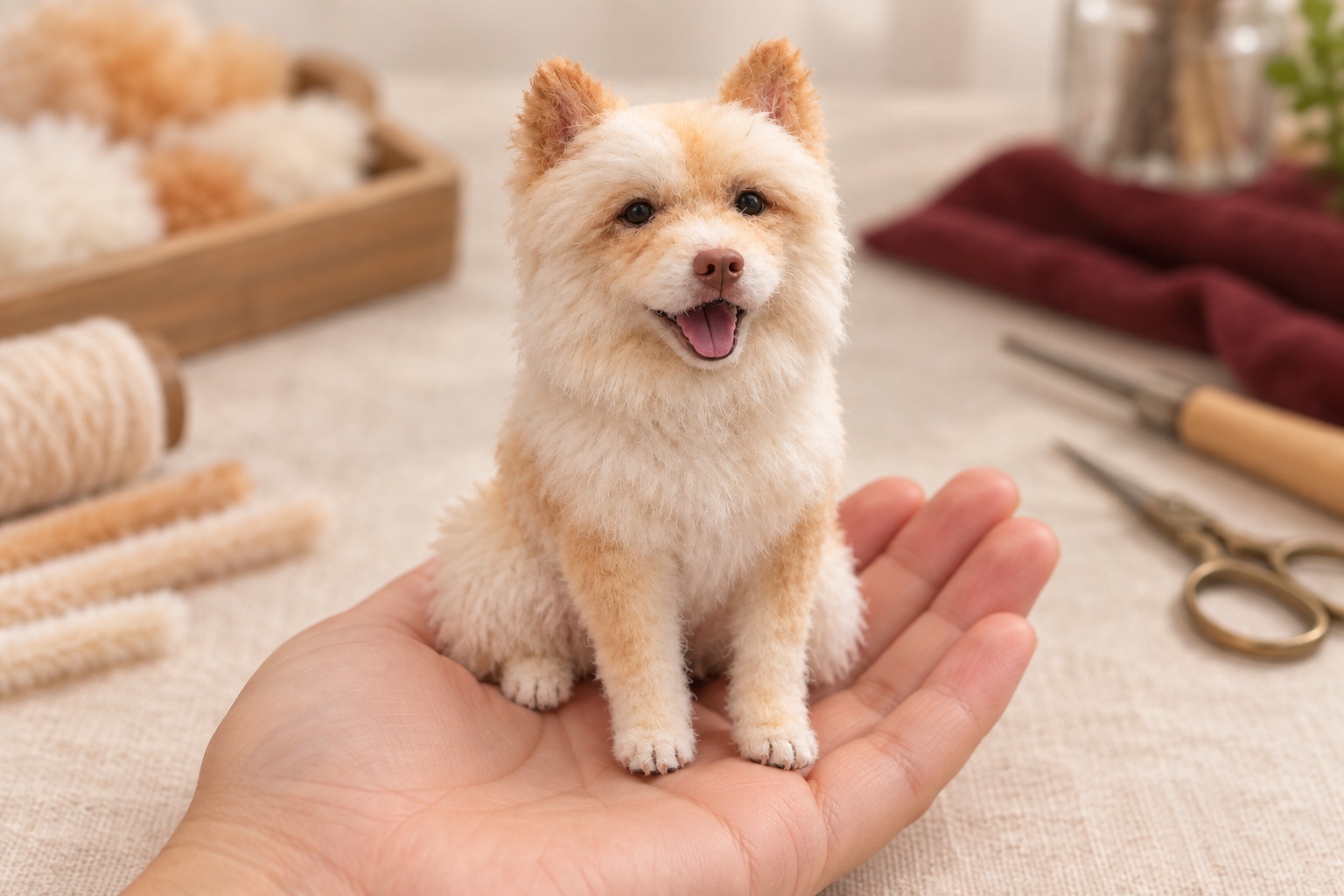 Illustrative hand-groomed miniature cream dog held in a hand for scale