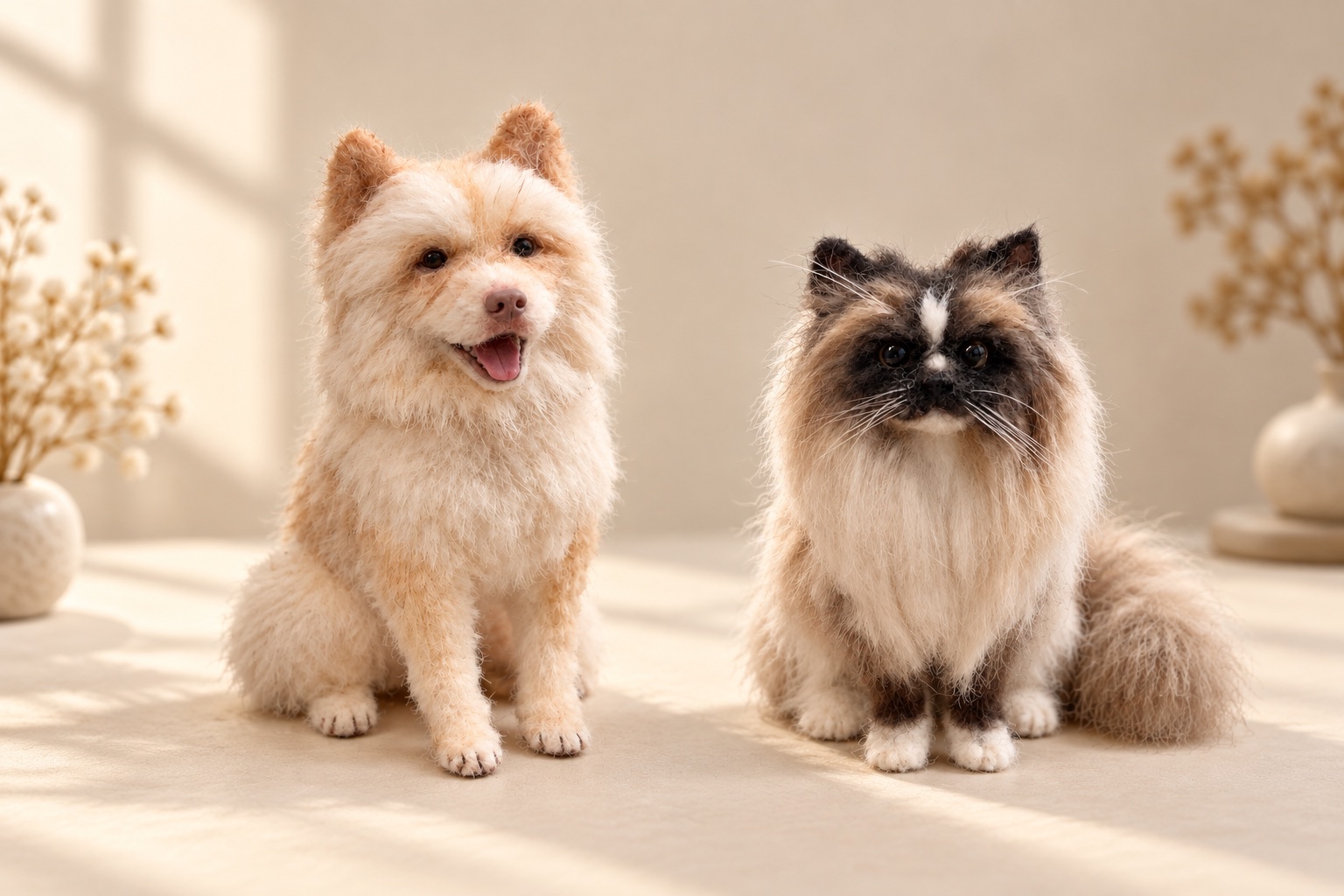 Illustrative portrait of a cream dog and longhair cat miniature